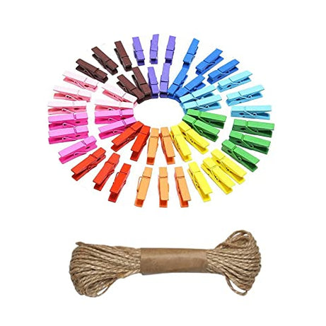 3A Featuretail 1.5 Inch Wooden Clothespins Photo Paper Peg Pin Craft Clips with Jute Rope (Pack of 50 Clips and 10 Metre Jute Rope, Multicolor)