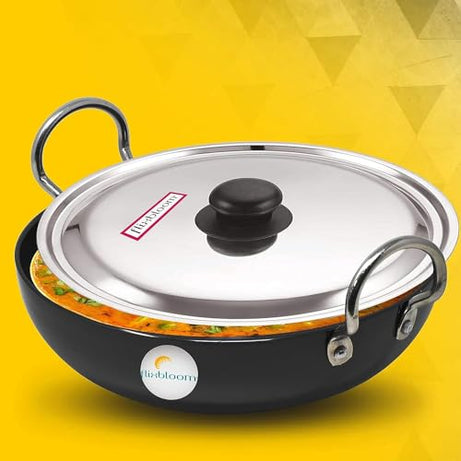 FLIXBLOOM Edge Black Hard Anodized Induction Base Bottom Cookware Set for Kitchen Kadai/Kadhai/Wok Heavy Gauge, Non-Toxic, with Riveted Sturdy Handles (Kadai with Lid, 3 Litre Kadahi)