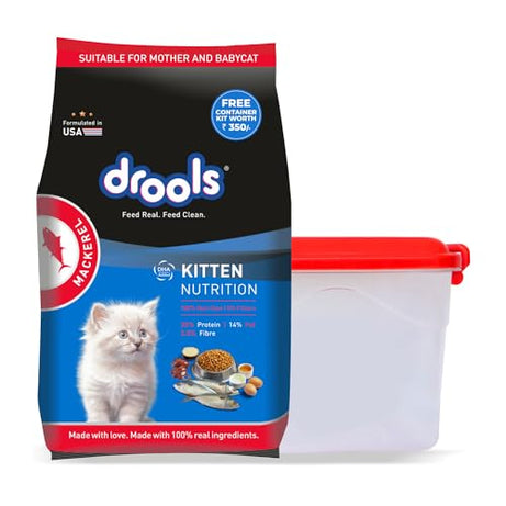 Drools Kitten Dry Cat Food, Mackerel Flavour 1 kg with Free Container Pack