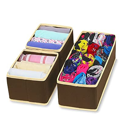 House Of Quirk Storage Box Set Of 3 Closet Dresser Drawer Organizer Cube Basket Bins Containers Divider With Drawers For Underwear, Bras, Socks, Ties, Scarves, (Pack Of 1 Brown, Fabric, 14X10X10 Cm)