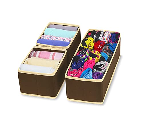 House Of Quirk Storage Box Set Of 3 Closet Dresser Drawer Organizer Cube Basket Bins Containers Divider With Drawers For Underwear, Bras, Socks, Ties, Scarves, (Pack Of 1 Brown, Fabric, 14X10X10 Cm)