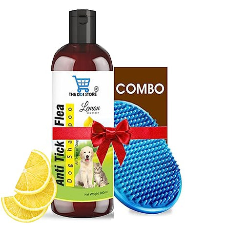 Dog Shampoo & Puppy Shampoo - Naturally Organic Dog Shampoo for Smelly Dogs Grooming Products for Dogs, Deshedding Shampoo for Dogs Pet Shampoo 200 ml (Anti Tick & Flea (Lemon)+Bath Brush)