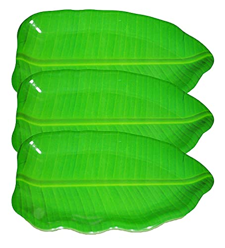 RECON Banana Leaf South Indian Round Dinner Lunch Serving Melamine Platter Plate for All Occasions (Pack of 3) Large