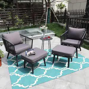 Mymigos 5-Piece Metal Frame Patio Conversation Set with Table and Stool with Comfortable Cushion for Outdoor Garden,Balcony,Livingroom (Grey)