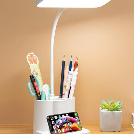 CPENSUS Acrylonitrile Butadiene Styrene 3 Color Table Lamp Rechargeable For Study With Phone Holder Flexible Arm Touch Light With Stepless Dimming, Desk Lamps With Pen Holder, White