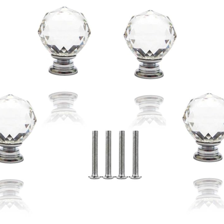 JP Hardware Clear Glass Crystal Cabinet Knobs/Wardrobe Door Knobs/Cupboard Drawer Pull Handle/Glass Dresser Knobs (Pack of 4_40mm) (Crystal Glass Chrome)