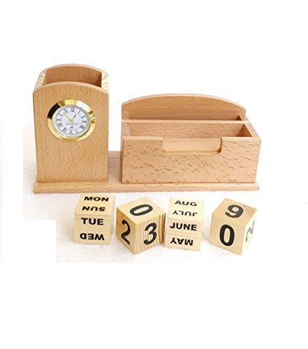 SMARTWORLD Multipurpose Wooden Pen Stand with Mobile/Pen Holder and Date Calendar with Watch for Personal Use