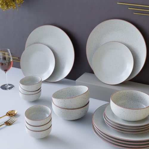 The Earth Store Handcrafted White Matte Brown 21 Piece Ceramic Dinner Set, 6 Full Dinner Plates, 6 Quarter Plates, 6 Vegetable Bowls, 3 Snack Bowls | Microwave & Dishwasher Safe