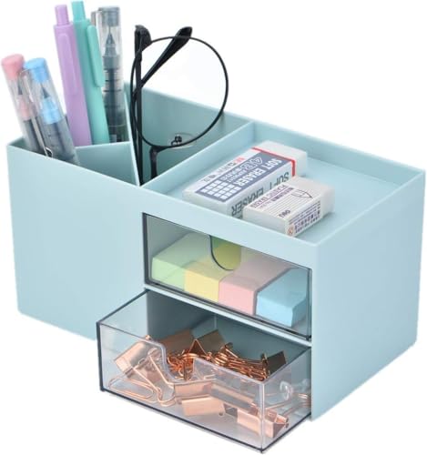 PEGACORN Desk Organizer Stationary Storage Stand - Office Desk Organizer with Drawer, Business Card/Pen/Pencil/Mobile Phone/Stationery Holder Storage Box, Multipurpose Desktop Organizer (Blue)