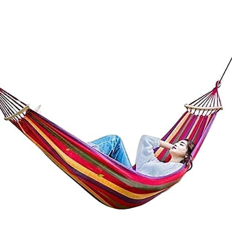 P-Plus International Double 2 Person Cotton Fabric Canvas Travel Hammocks 450 Lbs Ultralight Camping Hammock Portable Beach Swing Bed with Hardwood Spreader Bar Tree Hanging, 280 x 100 cm, Red