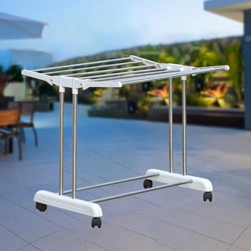 Premium Heavy Duty Clothes Stand for Drying with Wheels | Portable and Foldable Garment Hanging Rack | Laundry Drying Foldable Wings & 2 Hanger Clips | Cloth Rack for Drying Clothes Indoor and Outdoor