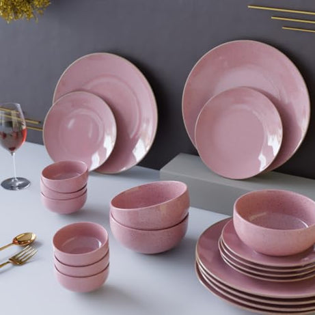 The Earth Store Handcrafted Pink Marble 21 Piece Ceramic Dinner Set, 6 Full Dinner Plates, 6 Quarter Plates, 6 Vegetable Bowls, 3 Snack Bowls | Microwave & Dishwasher Safe