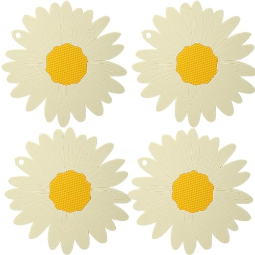 BENCI Anti-Hot Silicone Trivet Mat, 7.5 Inch Daisy Flower Shape Heat Resistant Anti Slip Place Mat for Hot Pots & Pans Holder, Kitchen Insulation Coaster Hot Pad for Dishes (White, Set of 4)