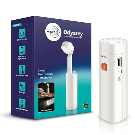 Wipro Odyssey Multifunctional Rechargeable Emergency Light | Dual Mode - Torch & Table Lamp | Portable Light | 3-Step Dimming | 3000 mAh Li-Ion Battery | in-built Power Bank | White, Pack of 1