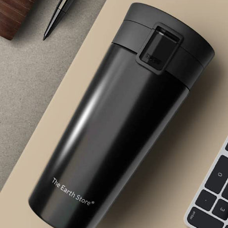 The Earth Store 500 ml MiMATE Insulated Travel Coffee Mug with Lid Reusable Double Wall Stainless Steel Travel Mug 8 Hours Hot and Cold insulated Coffee Mug (Black)