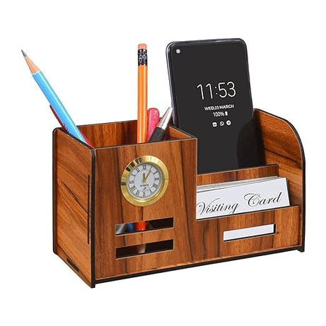 Pen Holder For Table Stylish | Wooden Pen Stand With Clock, Mobile And Visiting Card Holder For Office Desk And Study Table | Multipurpose Desk Organizer Aesthetic Accessories, Brown