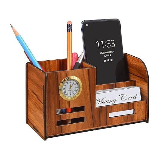 Pen Holder For Table Stylish | Wooden Pen Stand With Clock, Mobile And Visiting Card Holder For Office Desk And Study Table | Multipurpose Desk Organizer Aesthetic Accessories, Brown