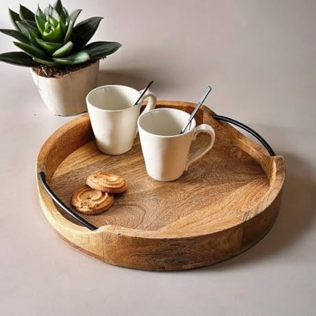 Craft Mshopr Round Wooden Serving Tray with Iron Handles - Rustic Decorative Wood Platter - 10x10x2 Inches - Perfect for Breakfast, Coffee, Snacks, and Charcuterie - Brown Farmhouse Design