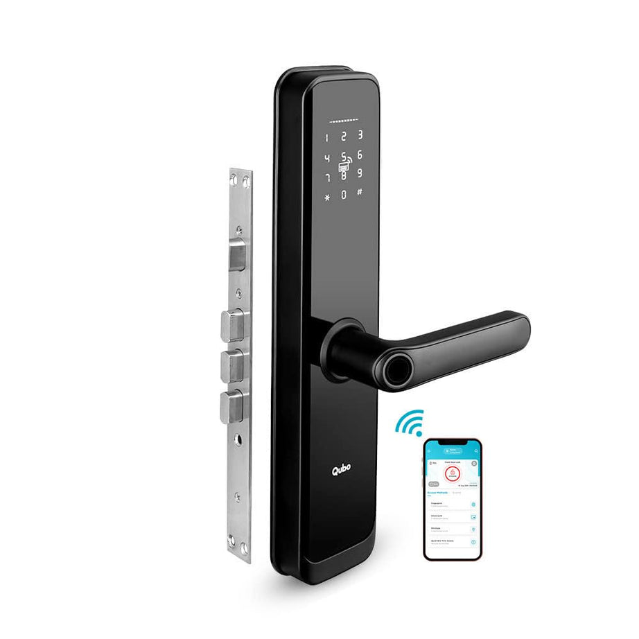 Qubo Smart Door Lock Elite Wifi From Hero Group | Unlock From Anywhere | 5-Way Unlocking | Fingerprint | Pincode | Rfid Card | Bluetooth Mobile App | Mechanical Key | Otp Access | (Black), Zinc