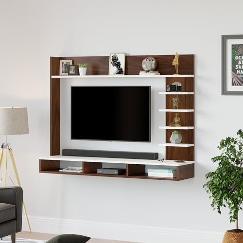 BLUEWUD Primax Grande Engineering Wood Wall Mount TV Entertainment Unit Set Top Box Stand/TV Cabinet with Shelves for Books & Décor Display Unit Bed Living Room Upto 42 Inches (Brown Maple & White)