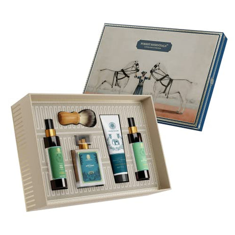 Forest Essentials Gentlemen's Gift Box | Luxuriously Scented Sandalwood & Orange Peel Gift Set for Men with Face Wash, Shaving Cream, After Shave Spray & Facial Moisturizer | Birthday & Anniversary Gift for Him | 5 Piece Gift Set