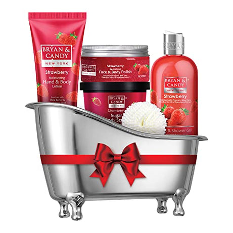 Bryan & Candy Strawberry Bath Tub Kit Gift Set For Women And Men | Complete Home Spa Experience (Shower Gel, Hand & Body Lotion, Sugar Scrub, Body Polish| 100% Vegan, SLS & Paraben Free |