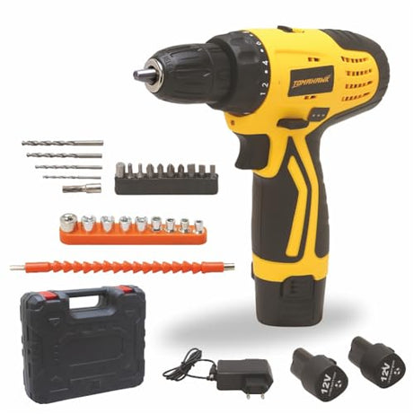 TOMAHAWK® T7385 12V Cordless Screwdriver and Drill Set - 25pcs, Two-Speed, Compact and Powerful - 1350 RPM - Reversible switch Multi-Torque Clutch, 10mm Keyless Chuck - 2x1.5Ah Battery