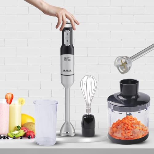 INALSA Hand Blender for Kitchen 1500 Watts|Super Silent DC Motor| Variable Speed & Turbo Function| 600ML Chopper& Multipurpose Jar|Titanium Coated Blade & Detachable Stem|Black/Silver(Robot Inox 1500)