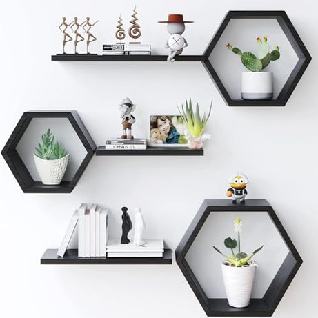 Vought Store Wooden Hexagon Shape Floating Shelves Wall Shelves for Living Room Bedroom Drawing Room Office or Hallway (Black)