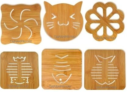 TAPAHPRIYAY Trivets(Random Pattern, 6 Pieces) for Hot Pots & Pans, Wooden Coaster, Natural Kitchen Wooden Trivet Mat Set Unique Drink Coaster Heat Resistant Pad for Pots, Pans, Plates, Dishes, Teapots