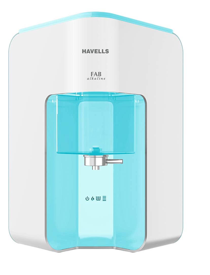 Havells Fab Alkaline Water Purifier (White & Sky Blue), RO+UV+Alkaline, Filter Alert, Copper+Zinc+Minerals, 7 Stage Purification, 7L Tank, Suitable for Borwell, Tanker & Municipal Water