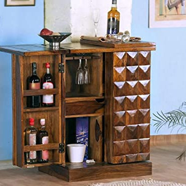 UK FURNITURE Solid Wood Bar Cabinet Wine Storage Rack with Drawer & Glass Holder | Sheesham Wood for Home and Bar Furniture (Honey)