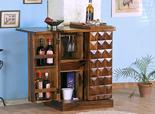 UK FURNITURE Solid Wood Bar Cabinet Wine Storage Rack with Drawer & Glass Holder | Sheesham Wood for Home and Bar Furniture (Honey)