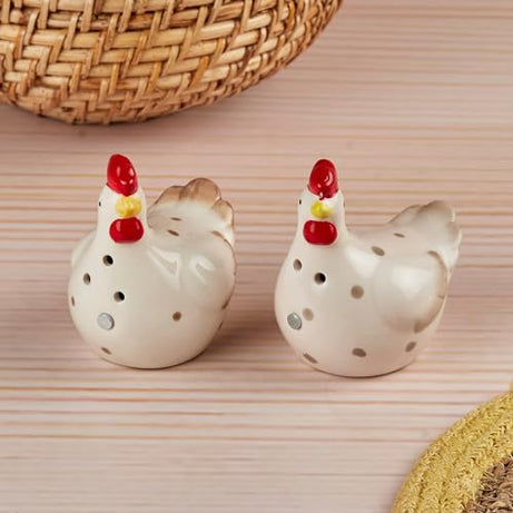 Kookee Ceramic Salt and Pepper Shakers Set with Tray for Dining Table Used as Namak Dhani, Shaker, Sprinkler, Spices Dispenser for Home, Kitchen and Restaurant, White, Hen (10701)