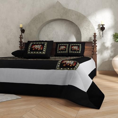 JaipurFabric® 100% Cotton 240 TC Rajasthani Zari Embroidered Double Bedsheet with 2 Pillow Covers (90" X 108"), Black