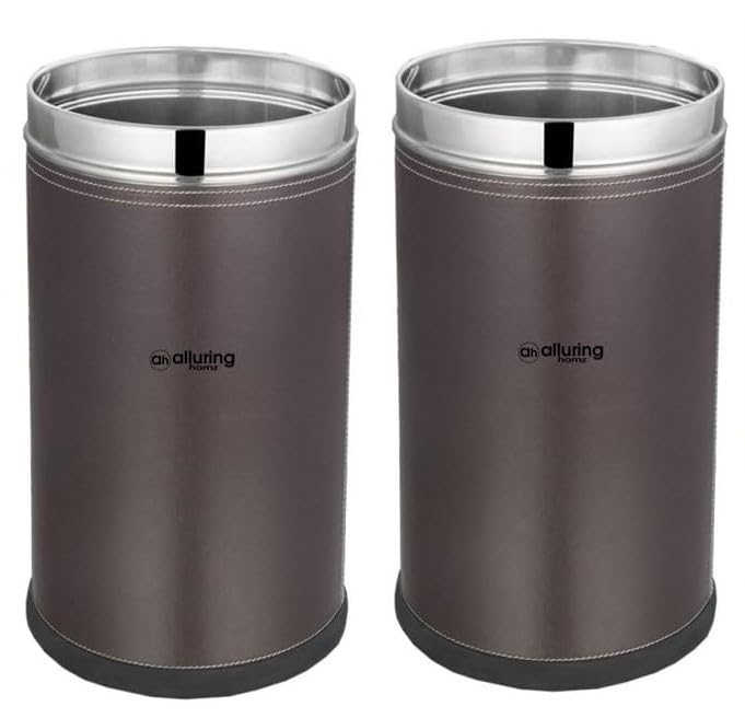 Alluring Homz Brown Leather Finish Steel Waste Bin/Trash Can/Dustbin/Paper Bin for Bathroom, Bedroom, Kitchen, Home, Office, Hotel -7X 10 inch (Capacity 7 Liter) Set of 2 Pieces