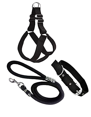 Senapati Dog Combo Pack of Harness, Neck Collar Belt and Rope Set (Black, Medium, Waterproof, Rope Size 1.5M-2M)