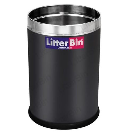 LITTERBIN Stainless Steel Solid Open Dustbin, Trash can Garbage Bin Paper Bin Round Shape Grey Color use for Home,Office, Kitchen, Bathroom, (Black_7 Litre)