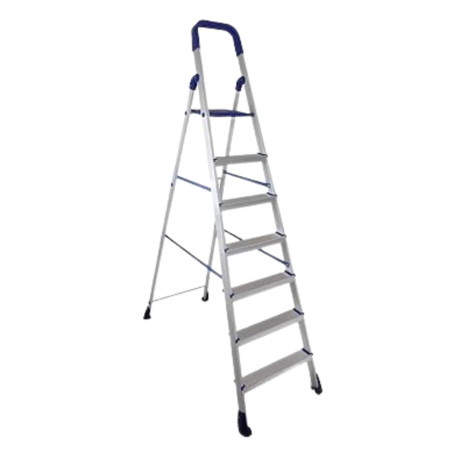 KBG INNOVATIONS - Ladder for Home - Foldable 7-Step Ladder for Home Use - Aluminium - Blue Foldable Step Ladder - Stairs with Anti-Skid Shoes and Extra Strong Wide Steps - Slip Prevention Steps