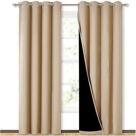 BFAM Premium Full Blackout Opaque Curtain -100% Blackout Curtain For Bedroom With Black Liner, Grommet Double Layer Full Room Darkening, Soundproof,Polyster, 1 Curtain ,Beige-5Ft