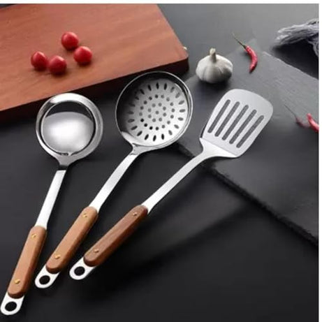 Naidev 3 Piece Kitchen Cooking Stainless Steel Utensils Set Wooden Handle Cooking Tools Gadgets Spatula Set with Hook,Slotted Turner,Slotted Skimmer,Ladle,