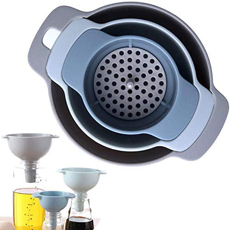 UNIQUE CART Kitchen Funnel Set - Nested Funnels with Handle - 3 Pack Food Grade Plastic Funnels with Detachable Strainer Filter for Transferring of Liquid, Fluid, Dry Ingredients and Powder(Blue)