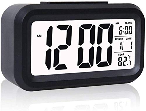 VKR Digital Alarm Clock Table Clock for Students, Home, Office, Corporate with Automatic Sensor, Date & Temperature-Black,Plastic, 14W x 8H Centimeters