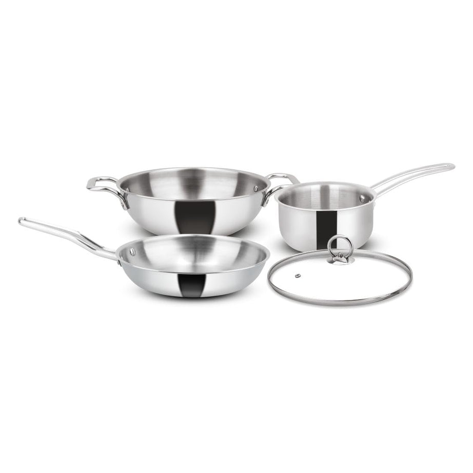 Orange Triply Stainless Steel Cookware 4 Pc Combo Set | 1Pc Deep Kadai(24cm/3Ltr), 1Pc Fry Pan(22cm/1.5Ltr), 1Pc Sauce Pan((16cm/1.8ltr) with 1Pc Sturdy Glass Lid | Induction Friendly | Silver