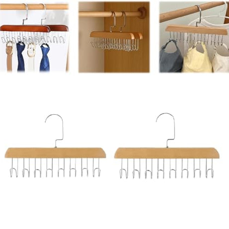 RAHSAH - Wooden Hanger for Clothes Hanging Rack, Multi Hook Wardrobe Accessories Lingerie, Belts, Scarfs Tops, Bras and Ties Organizer Space Saving Storage Hanger (8 Hook) (Pack of 2)