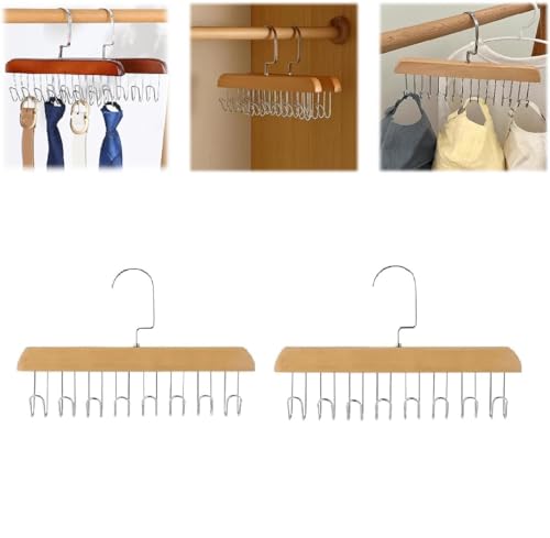 RAHSAH - Wooden Hanger for Clothes Hanging Rack, Multi Hook Wardrobe Accessories Lingerie, Belts, Scarfs Tops, Bras and Ties Organizer Space Saving Storage Hanger (8 Hook) (Pack of 2)