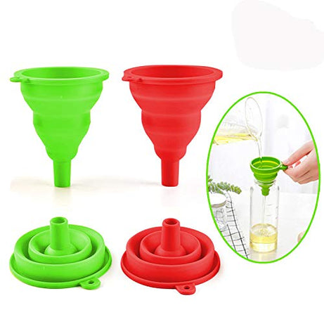 Collapsible Funnel Set, SEEOOR Foldable Kitchen Funnel, Food Grade Silicone Funnel for Water Bottle Oil Liquid Transfer (Set of 2)