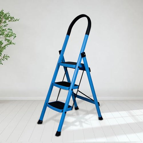 Plantex Premium 3 Steps Steel Ladder | Wide Anti-Skid Step Ladder | Easy to Fold | 5 Year Manufacturer Warranty(3-Step,Blue & Black)