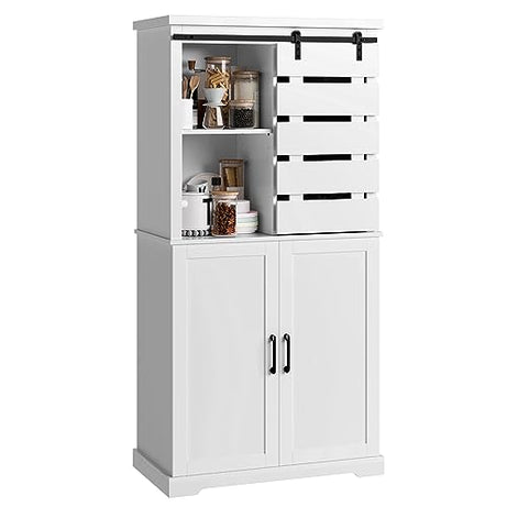 BOTLOG Kitchen Pantry Cabinet, Kitchen Storage Cabinet with Sliding Barn Door and Adjustable Shelves, Tall Freestanding Cupboard for Dining Room, Living Room, Laundry, White