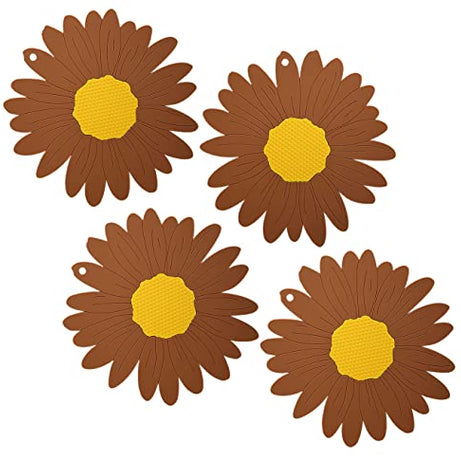 P-Plus International Anti-Hot Silicone Trivet Mat Sunflower Shape Heat Resistant Pot Holders Kitchen Insulation Coaster Trivet for Hot Dishes Trivet Mat Hot Pads (Set of 4, Brown)